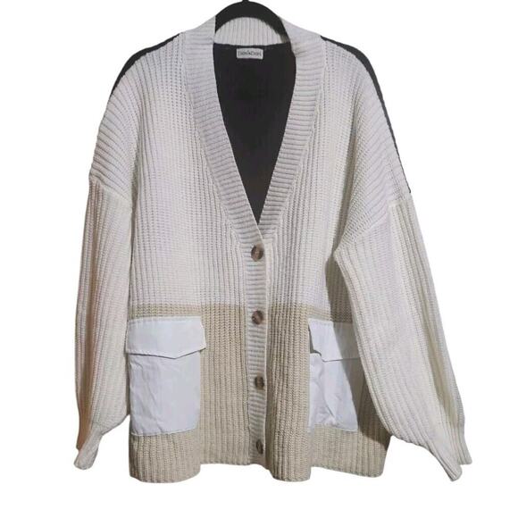 Davi & Dani Cardigan Cream Tan Black White Colorblock Oversized Pockets Sz Large - Picture 1 of 9